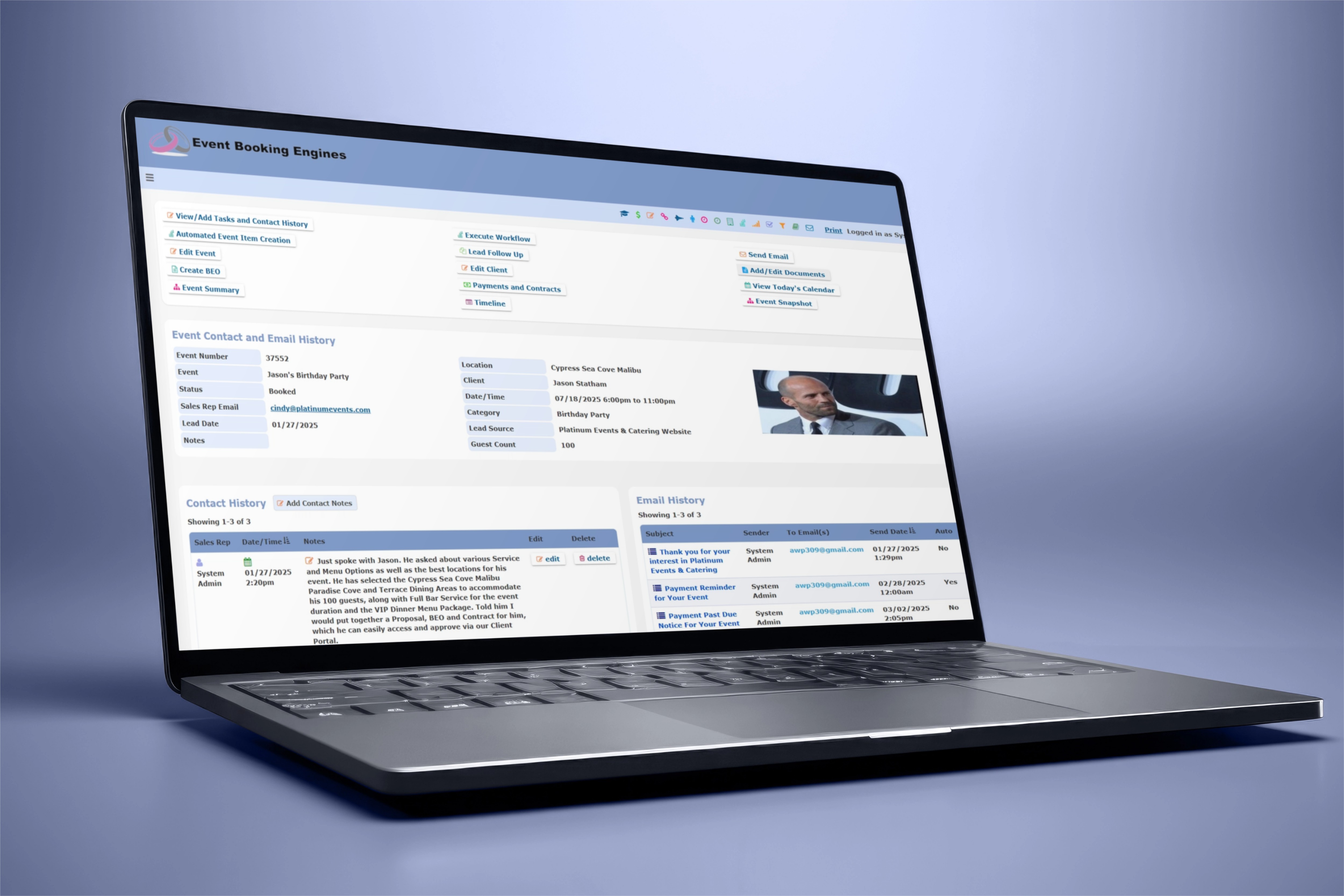 Screen showing the CRM dashboard with client interaction history