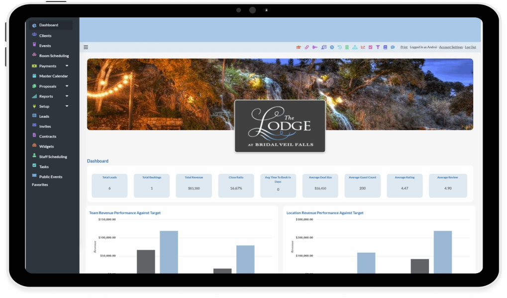 Event Booking Engines dashboard showing automated workflow on a tablet.