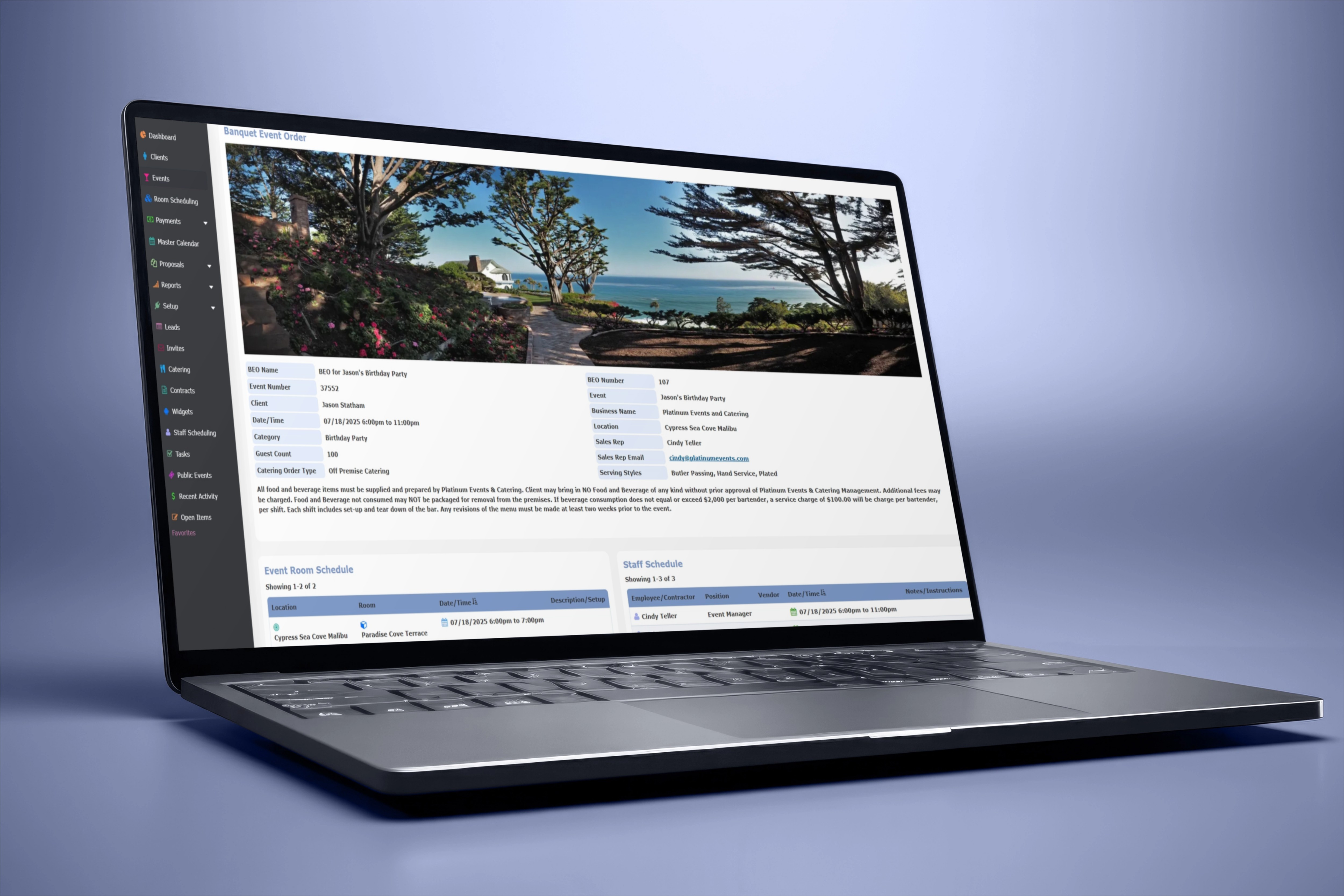 Screen showing catering menu creation and kitchen sheets