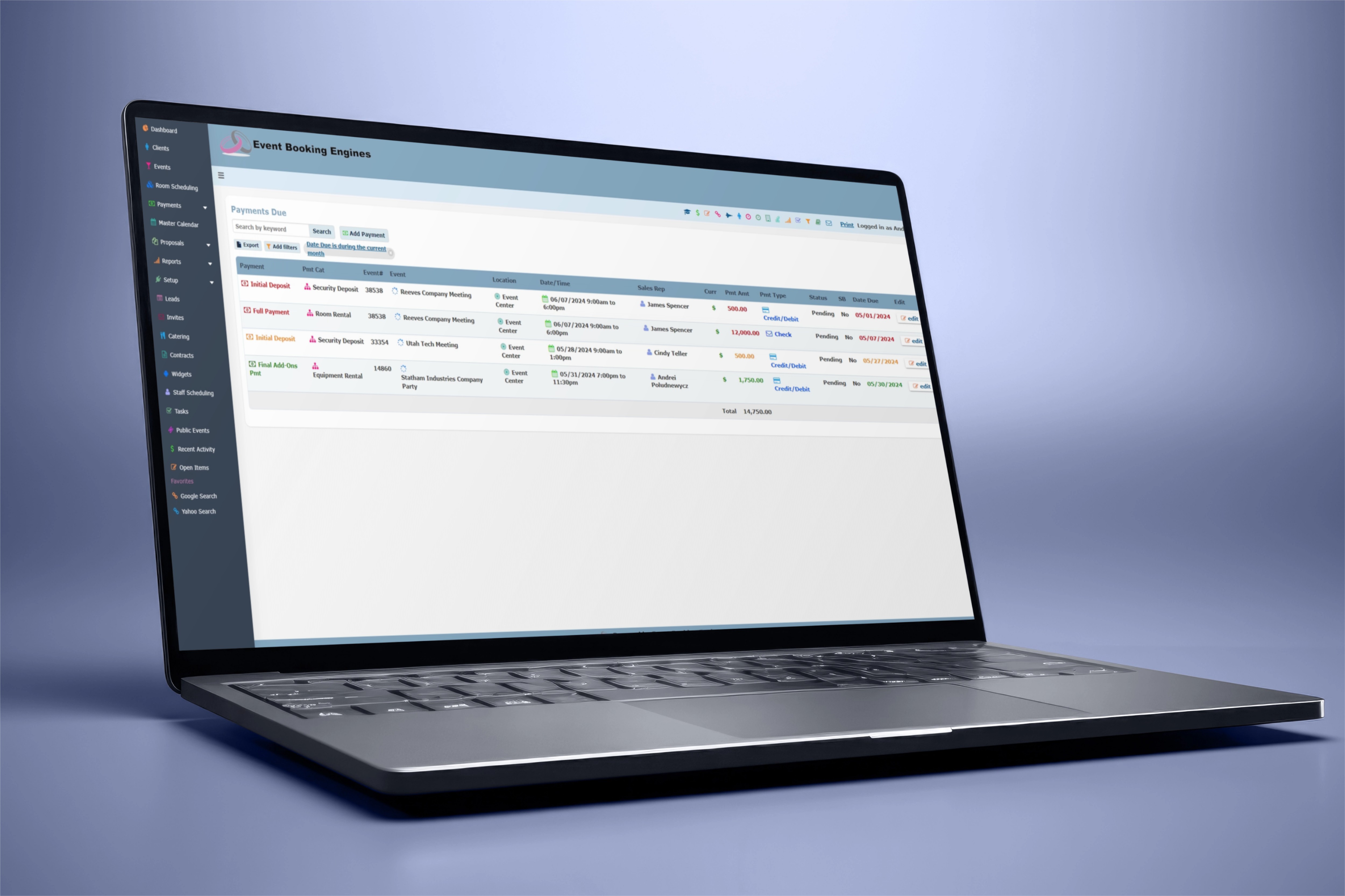Screen showing online invoices and payment dashboard