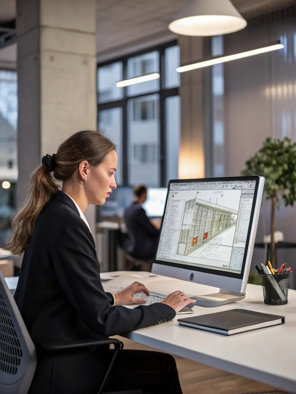 Woman working on a computer showing a floor plan