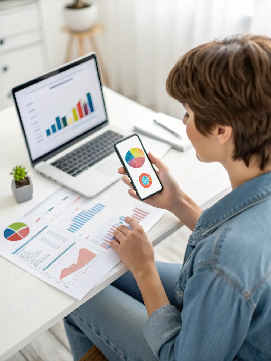 Person reviewing data on a laptop and smartphone