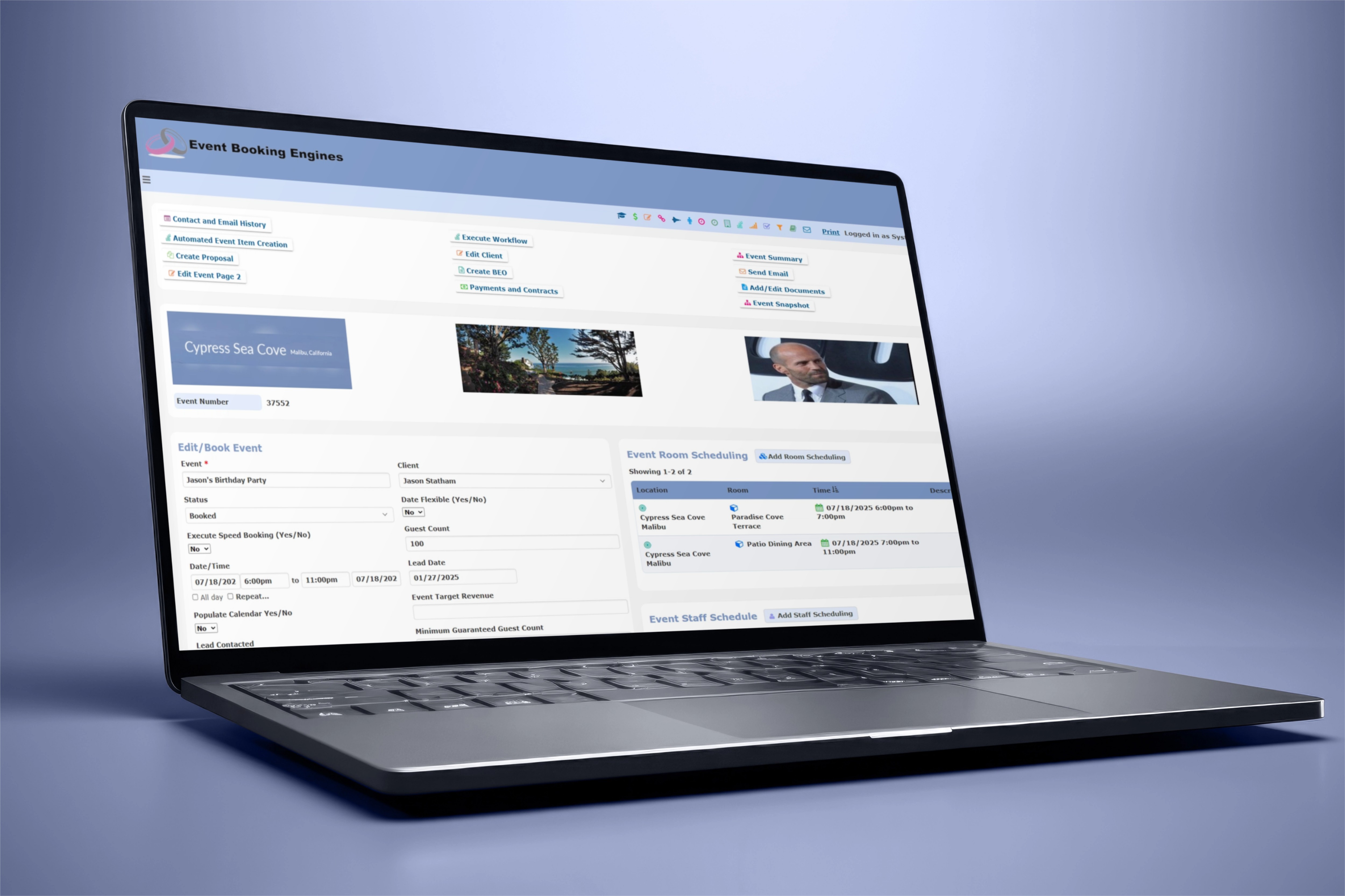 Screen showing the Master Calendar dashboard with room bookings